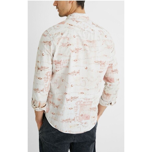Desigual Mens Dress Button Up Shirt Trout Print Cream-M - Picture 2 of 12